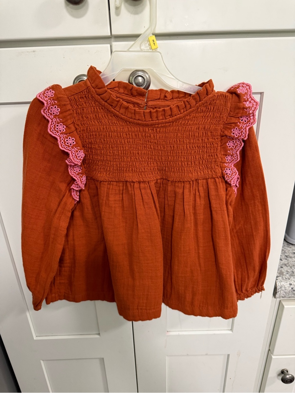 Cat & Jack Rust Orange Long-Sleeve Smocked Top with Pink Lace Trim